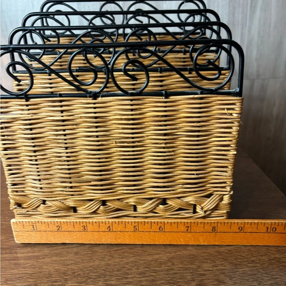 Vintage Wicker File Organizer with Black Metal Dividers - Natural Brown